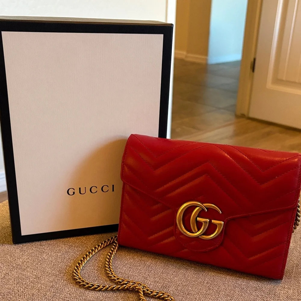 Gucci Red Chevron Quilted Leather Crossbody with Gold Double G